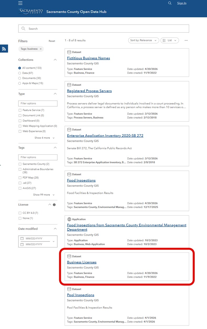 Screen shot of Sac County Open Data website