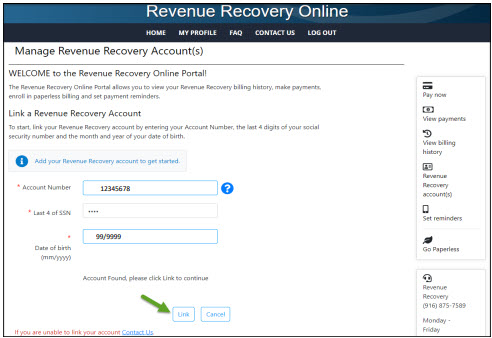 Screen shot from Revenue Recovery Online tool
