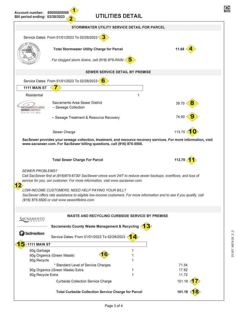 Sample bill page 3 with different elements of the bill marked with yellow diamonds